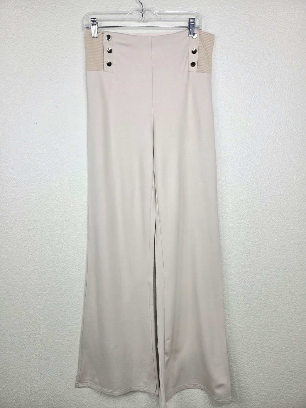 Suzanne Betro Women’s Beige Solid Wide-Leg High Rise Dress Pants Elastic Waist L